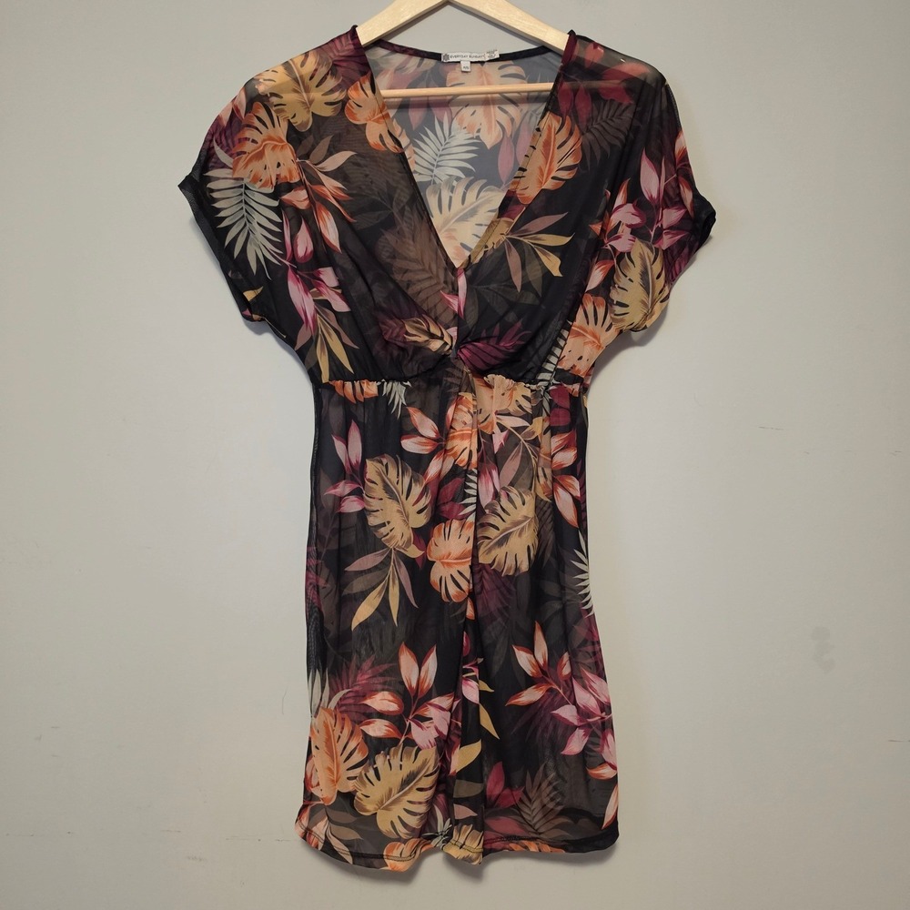 Everyday Sunday Tropical Leaf Mesh Swim Cover Up Dress Black Orange Small P/S